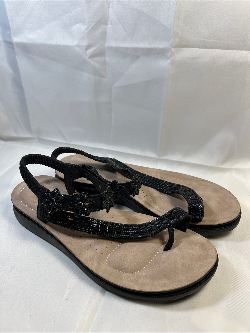 Black Floral Beaded Thong Sandals for Women
